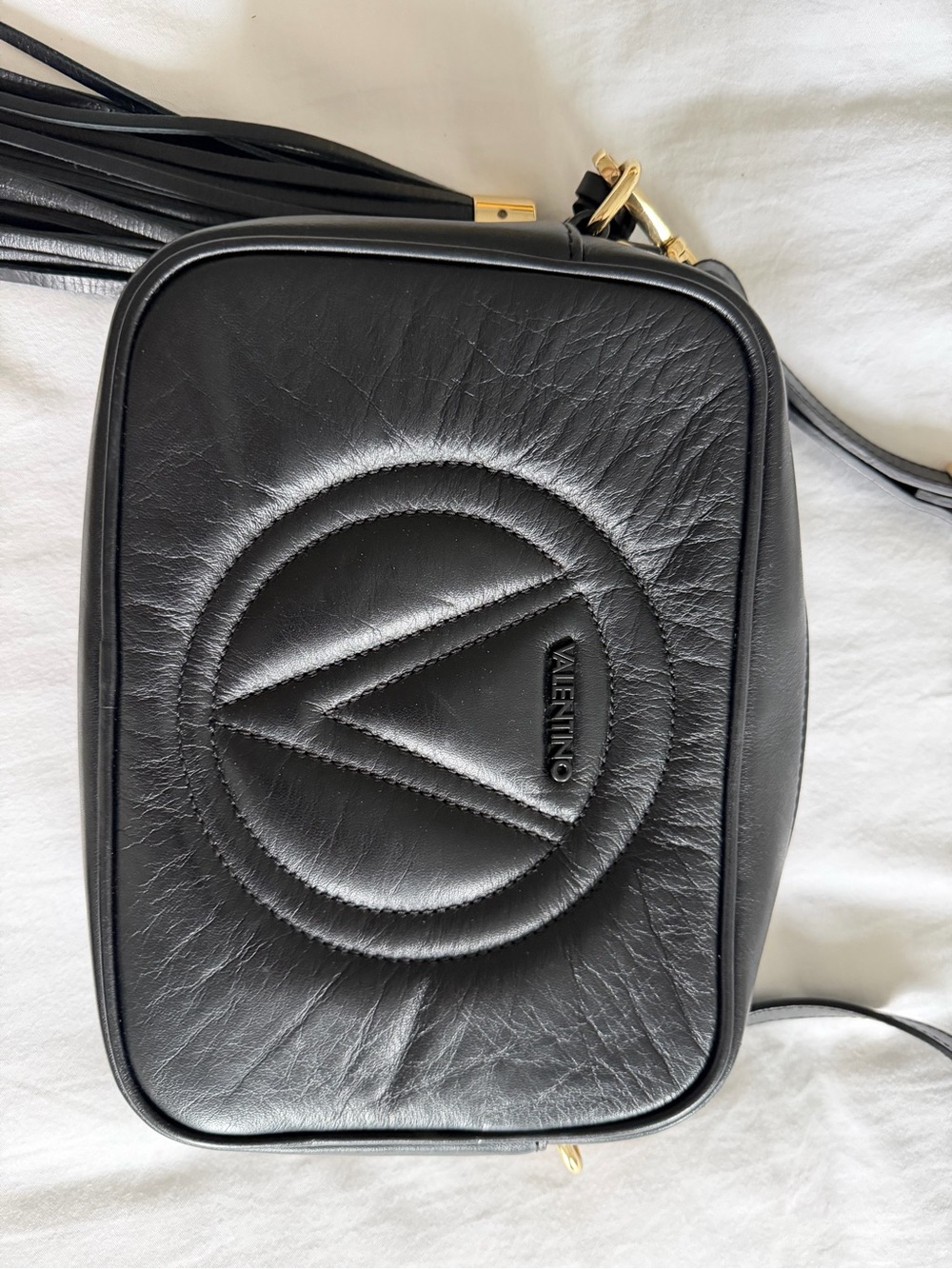 Valentino Black Leather Embossed V Logo Crossbody Camera Bag with Tassel - Picture 3 of 11